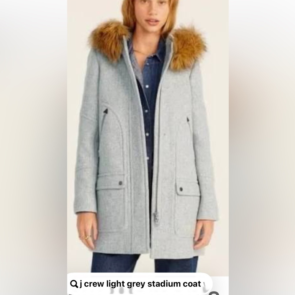J. Crew Light Gray Wool Coat with Faux Fur Trim